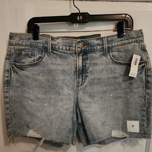 Blue Jean Shorts with Distressed Hem and Upper-Thigh Length
